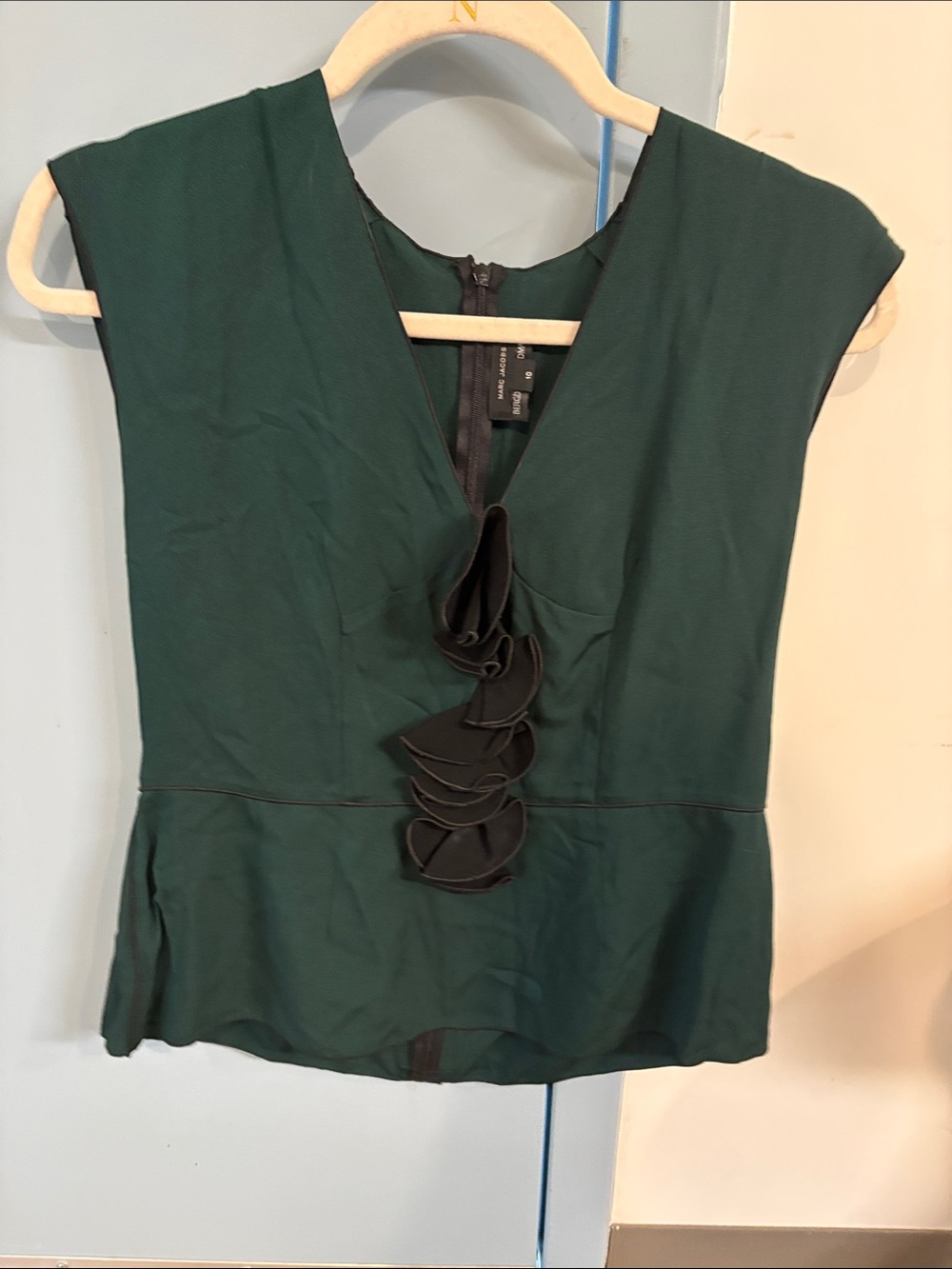 Marc Jacobs Deep Green Cap Sleeve Blouse with Front Ruffle